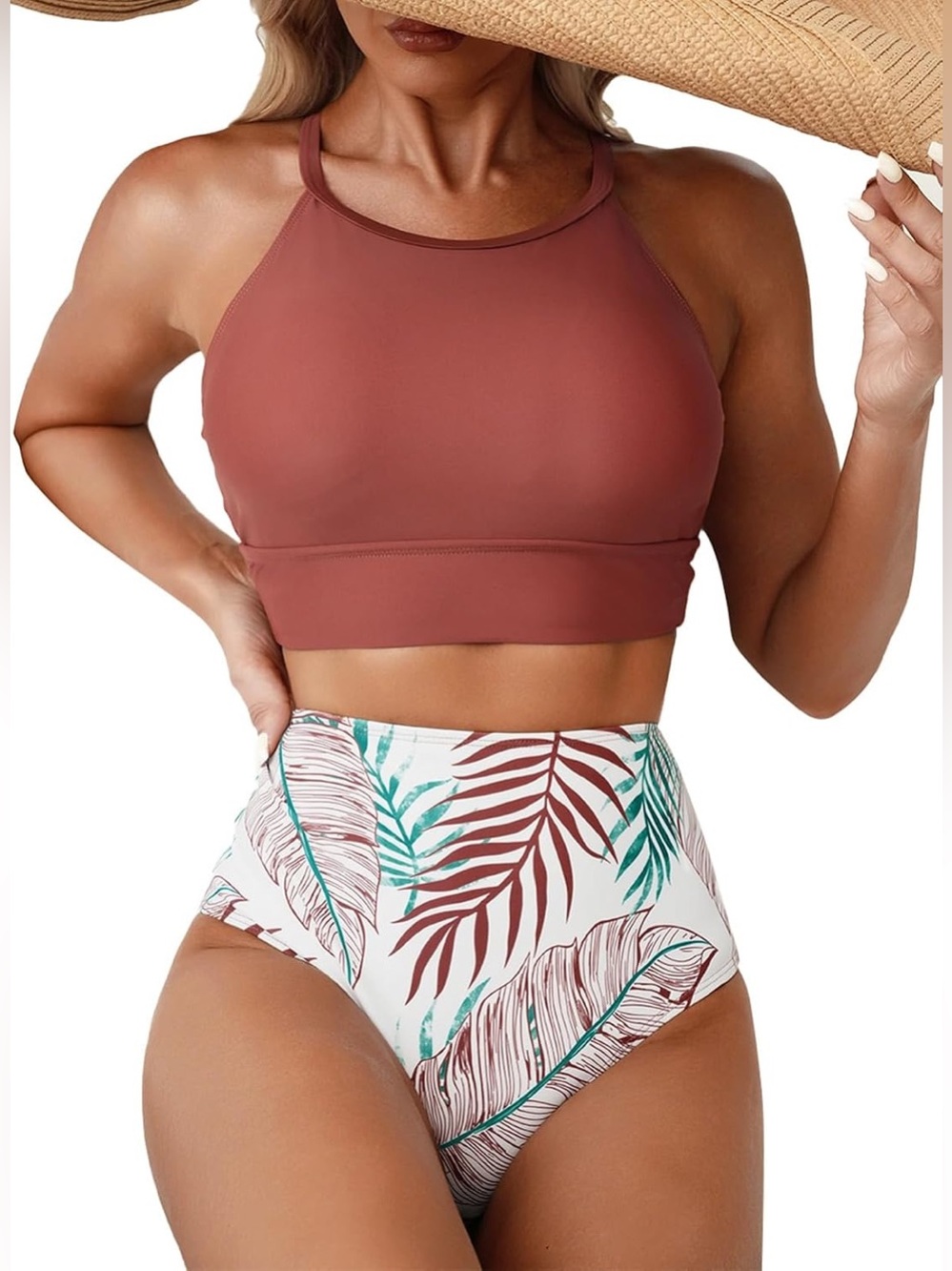 Herseas Women’s High-Neck Rust Bikini Top with Tropical High-Waist Bottoms Sz 2X